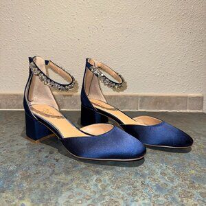 Jewel Badgley Mischka - Navy Satin Cathleen Ankle Strap Heels - 7.5